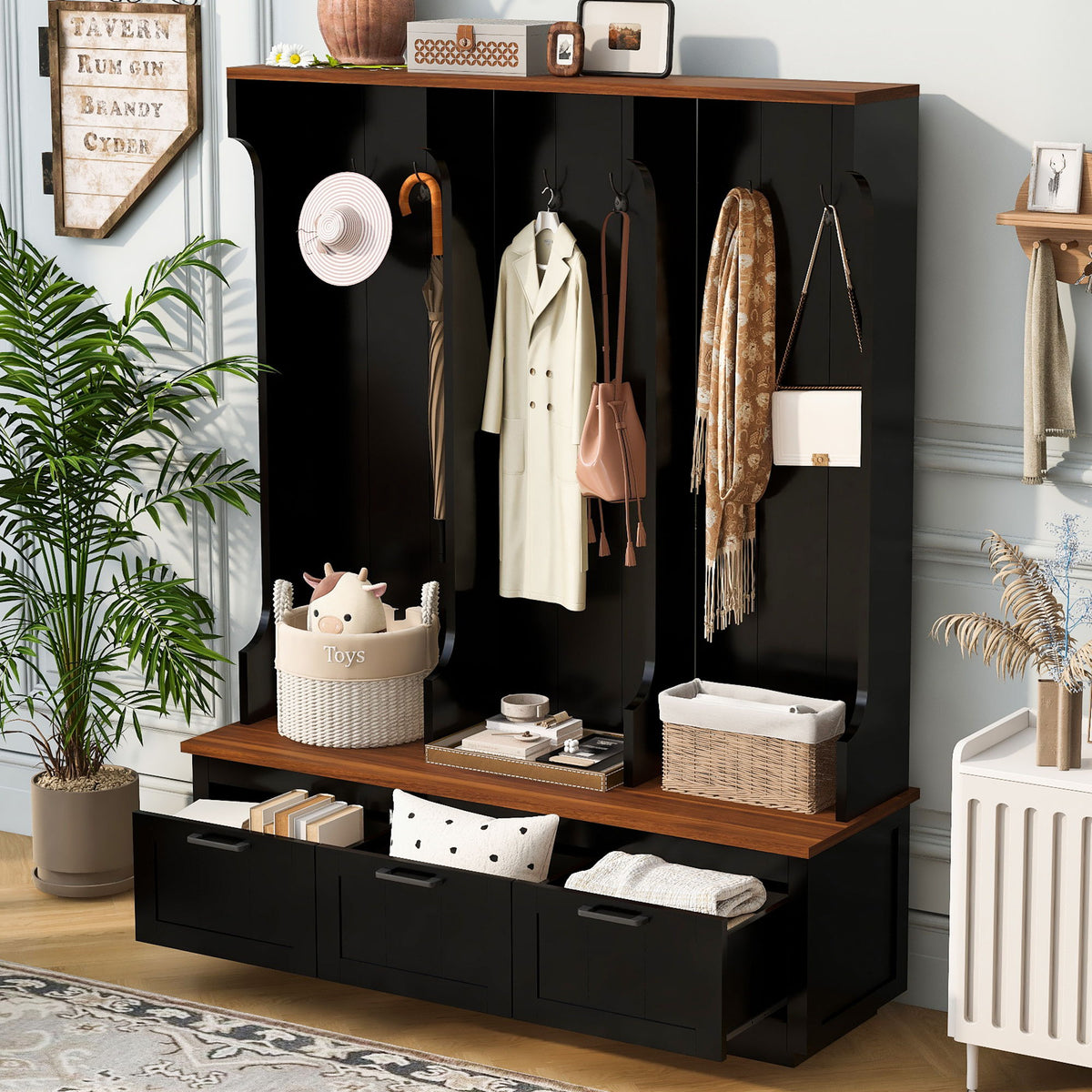 Hall Tree With Bench And Shoe Storage, 3 Large Drawers, Open Storage Shelves &amp; Hooks