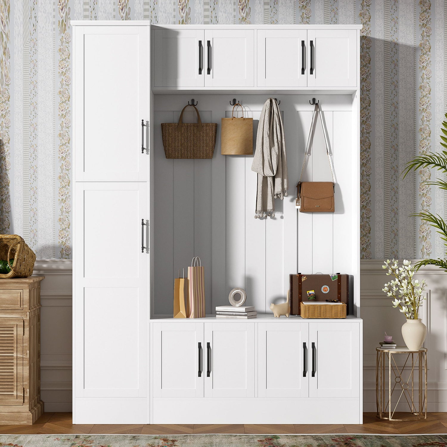 Tall Hall Tree With Shoe Storage, 4 In 1 Entryway Bench With 6 Cabinets, 4 Coat Hooks &amp; Adjustable Shelf For Hallway - White