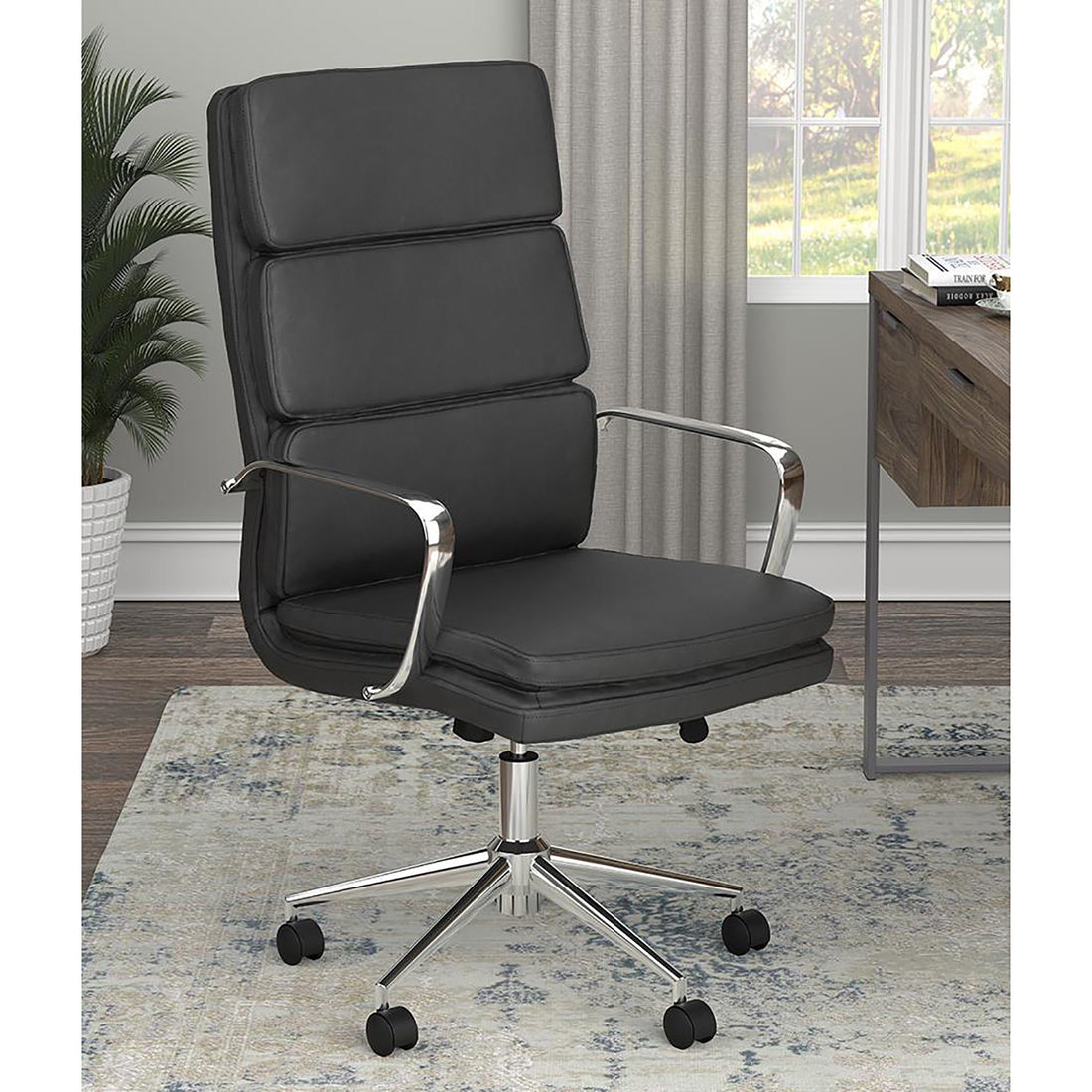 Upholstered Office Chair With Caster Wheels, Adjustable Height - Black