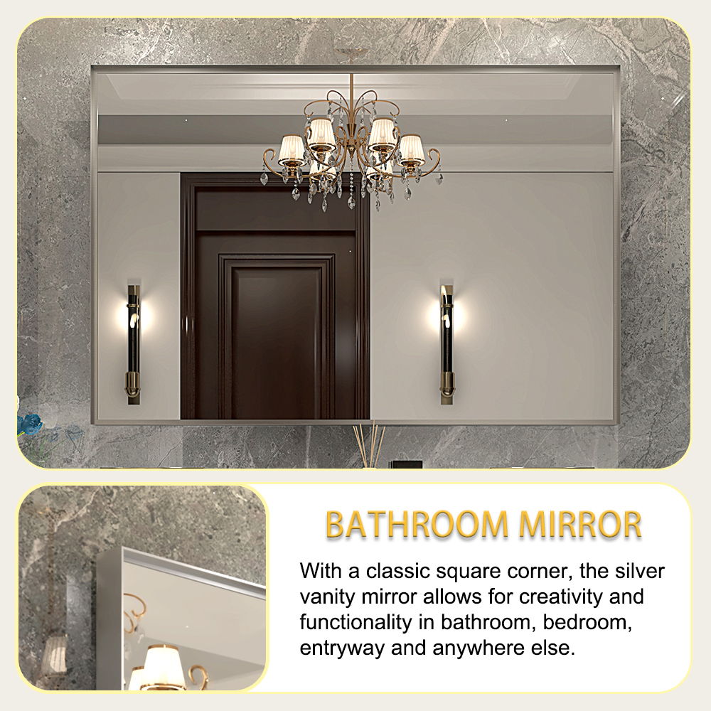 Glossy Framed Mirror For Bathroom Rectangular Wall Bathroom Mirror Metal Frame Farmhouse Mirror Large Decorative Square Corner Rectangle Mirror (Horizontal &amp; Vertical) - Brushed Silver