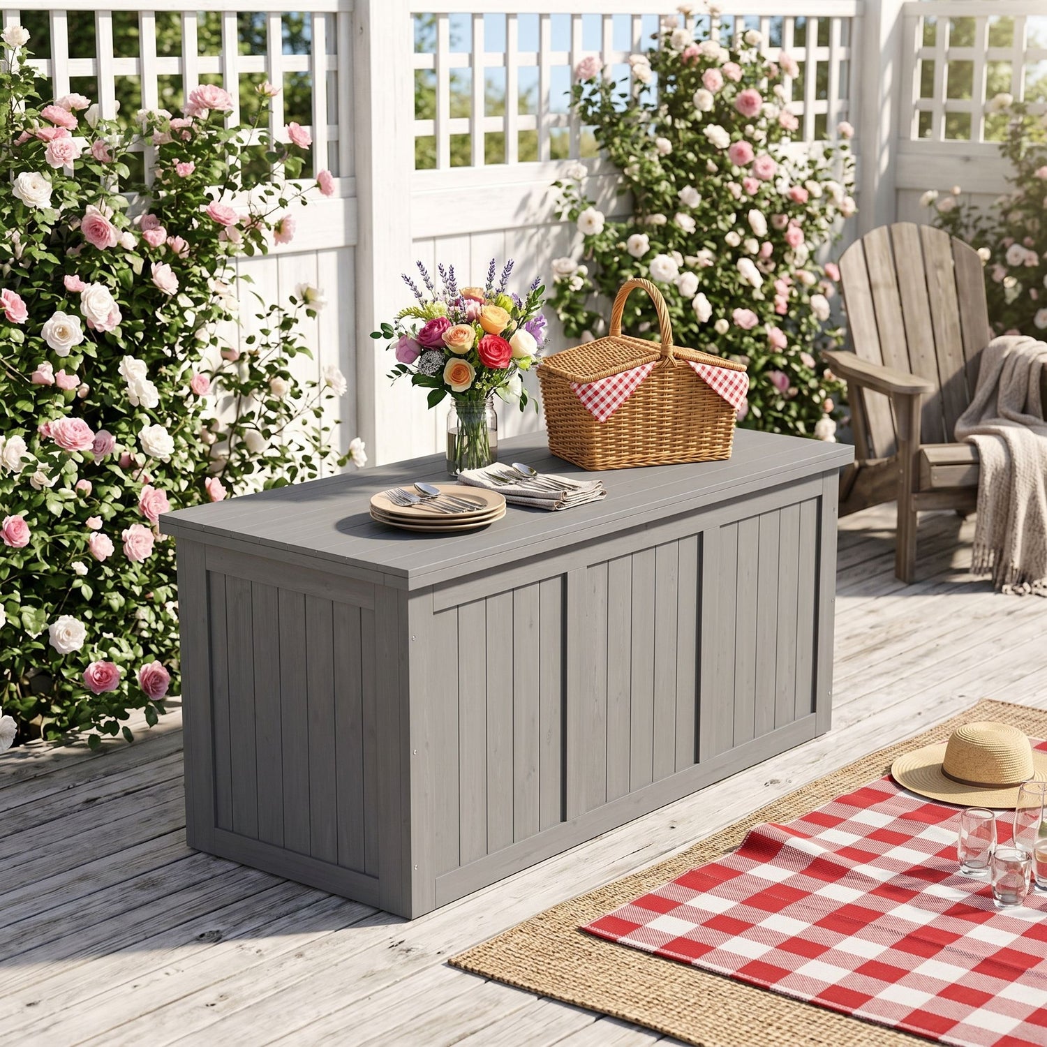 Outdoor Deck Box, Storage With Seat &amp; Table Top