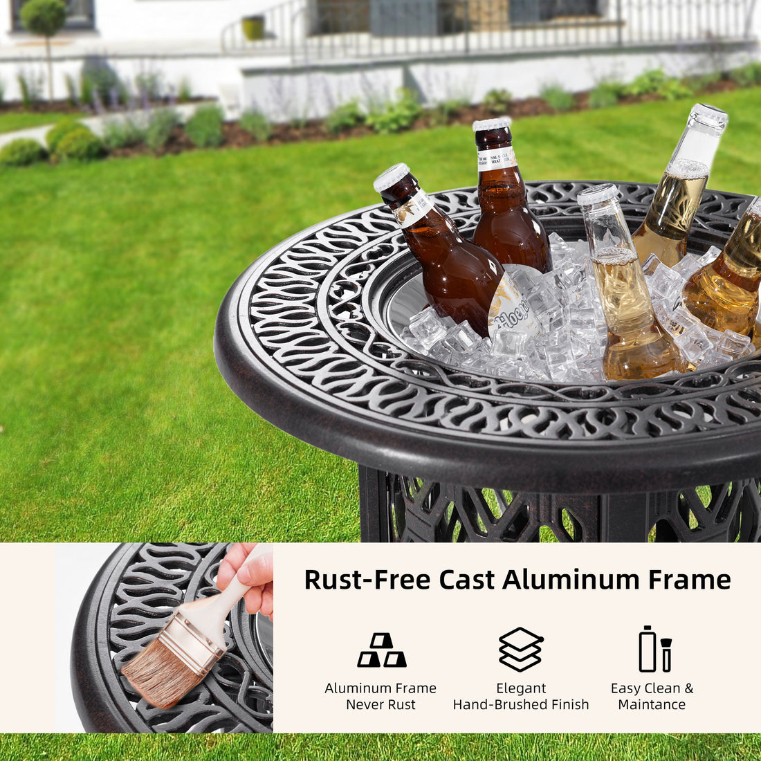 Side Table With Removable Ice Bucket, Hand Brushed Finish, Food Grade Bucket For Indoor &amp; Outdoor Use - Antique Bronze