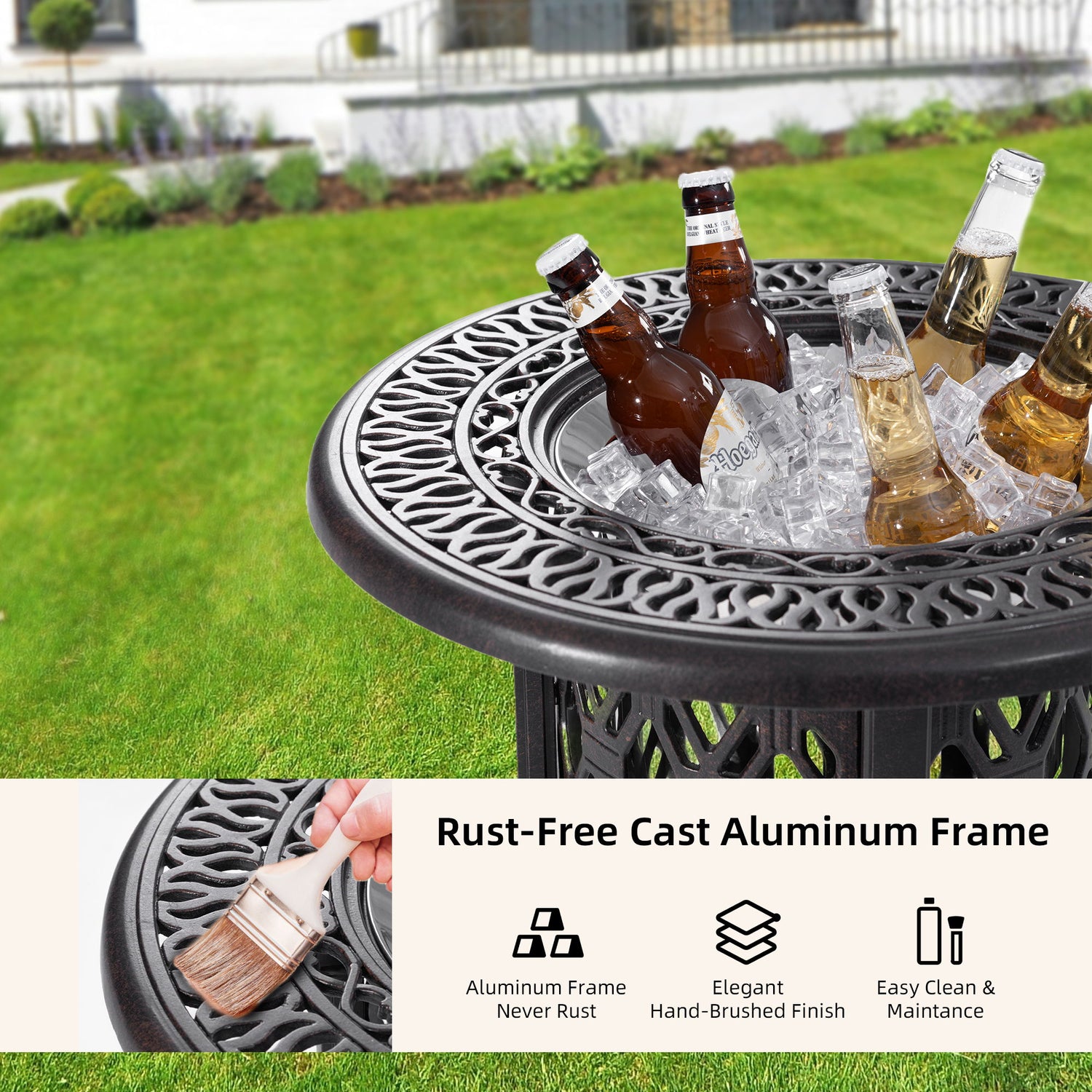 Side Table With Removable Ice Bucket, Hand Brushed Finish, Food Grade Bucket For Indoor &amp; Outdoor Use - Antique Bronze