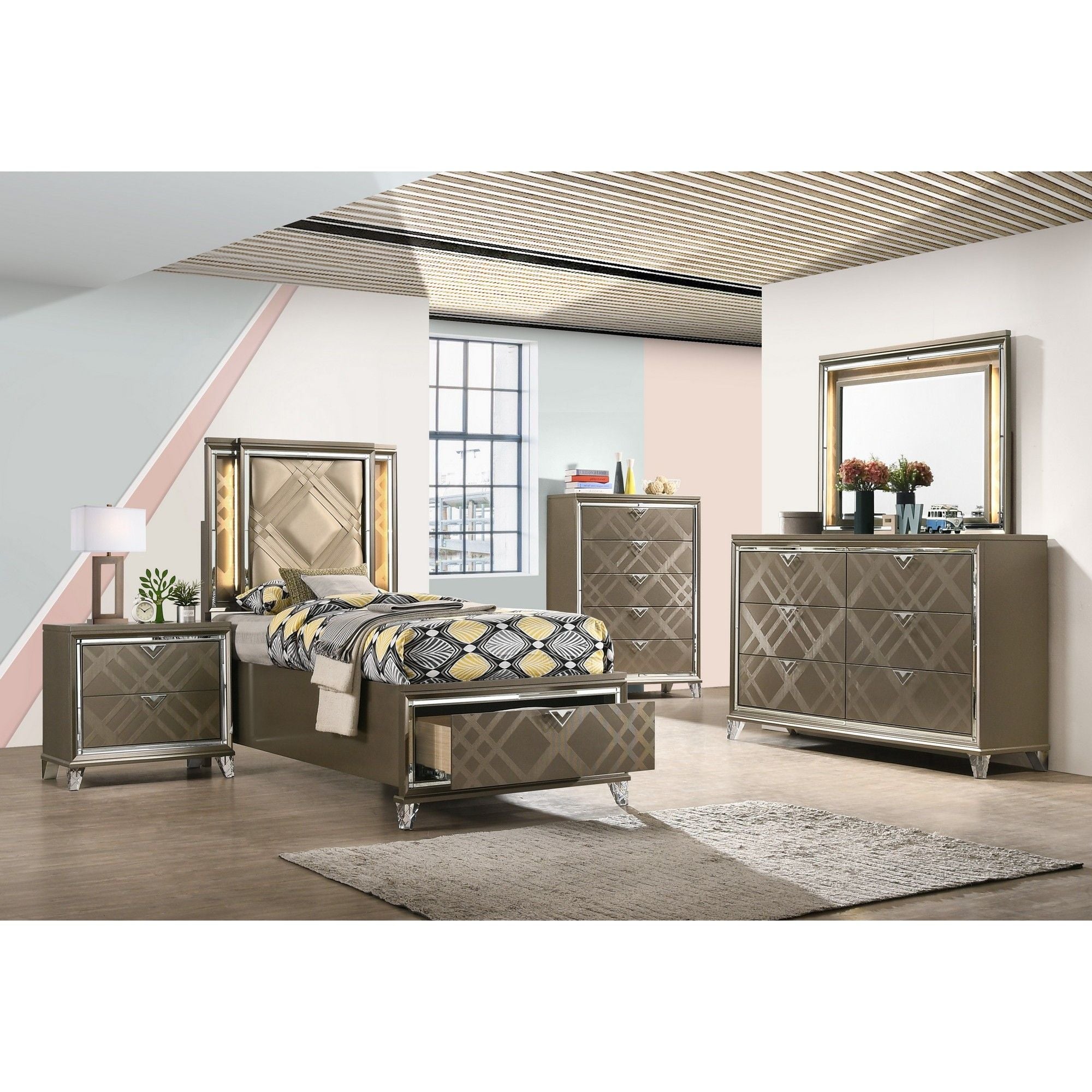 Skylar - Full Bed With LED &amp; Storage - Dark Champagne