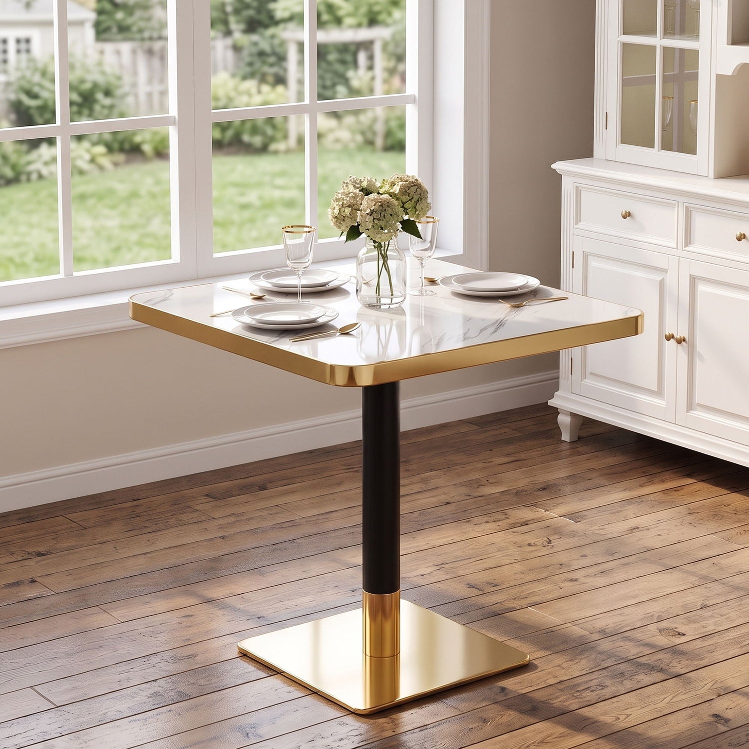 Square Dining Table &amp; Pedestal For Kitchen - Black / Gold / White
