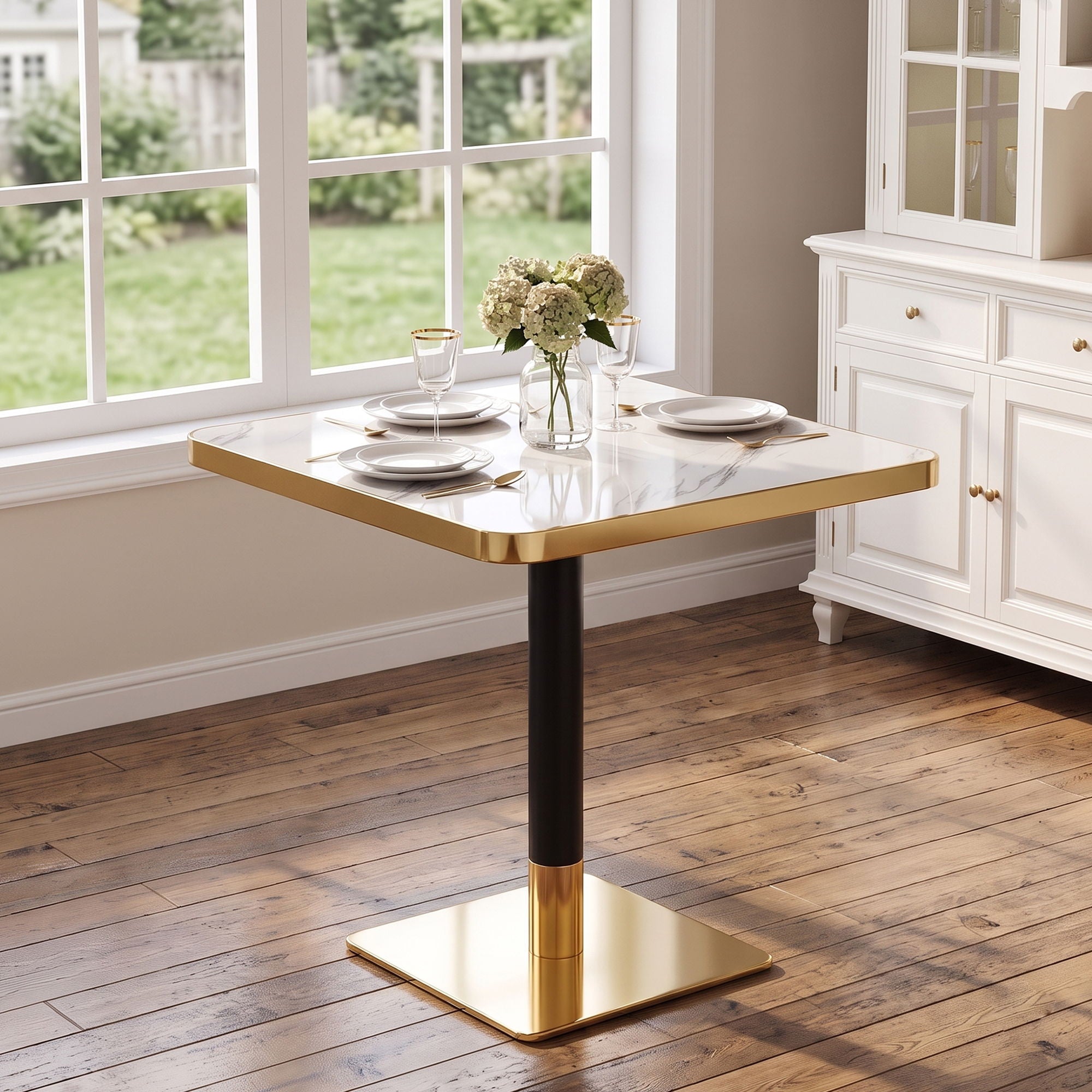 Square Dining Table &amp; Pedestal For Kitchen - Black / Gold / White