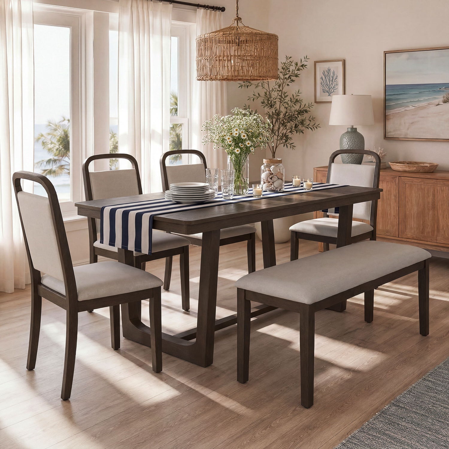 Farmhouse Dining Set With 4 Upholstered Chairs &amp; 1 Bench