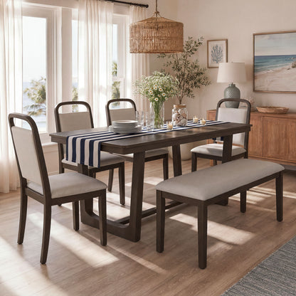 Farmhouse Dining Set With 4 Upholstered Chairs &amp; 1 Bench