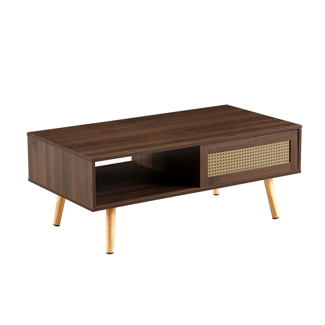 41.34&quot; Rattan Coffee Table, Sliding Door For Storage, Solid Wood Legs, Modern Table For Living Room