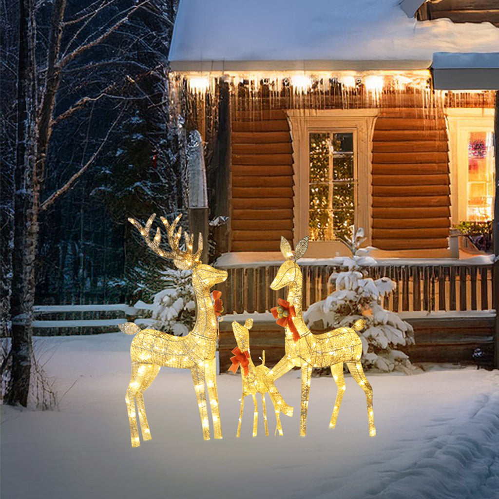 Set of 3 Large Lighted Reindeer Christmas Decorations, 3D Yard Deer Decor Family Set for Indoor or Outdoor Yard Art- with 210 Warm White LED Lights,Christmas Deer Decorations - Gold