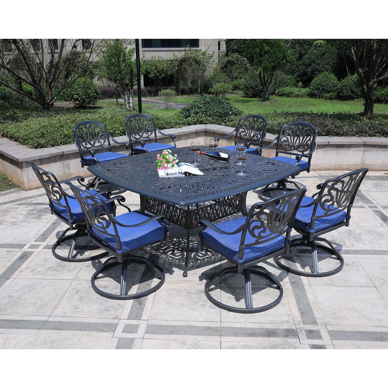 Square 8 Person 64&quot; Long Aluminum Dining Set With Cushions