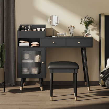 Modern Makeup Vanity Desk With Drawers Cabinet &amp; Charging Port Engineered Wood Space Saving Design For Small Places - Black