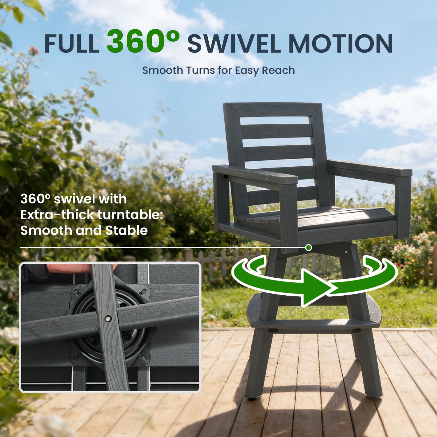 Outdoor Swivel Bar Chair, Ladderback With Wide &amp; Thickened Frame