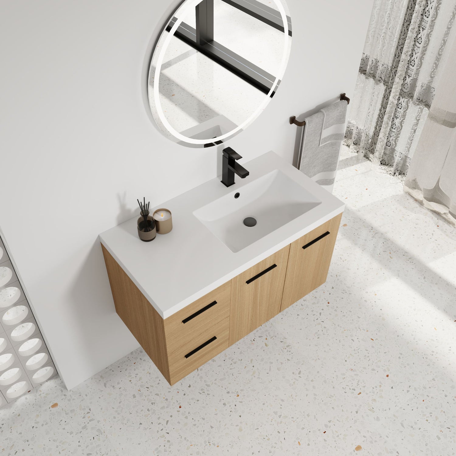 Wall Mounted Floating Bathroom Vanity With Sink, Door &amp; Drawers Modular Cabinet