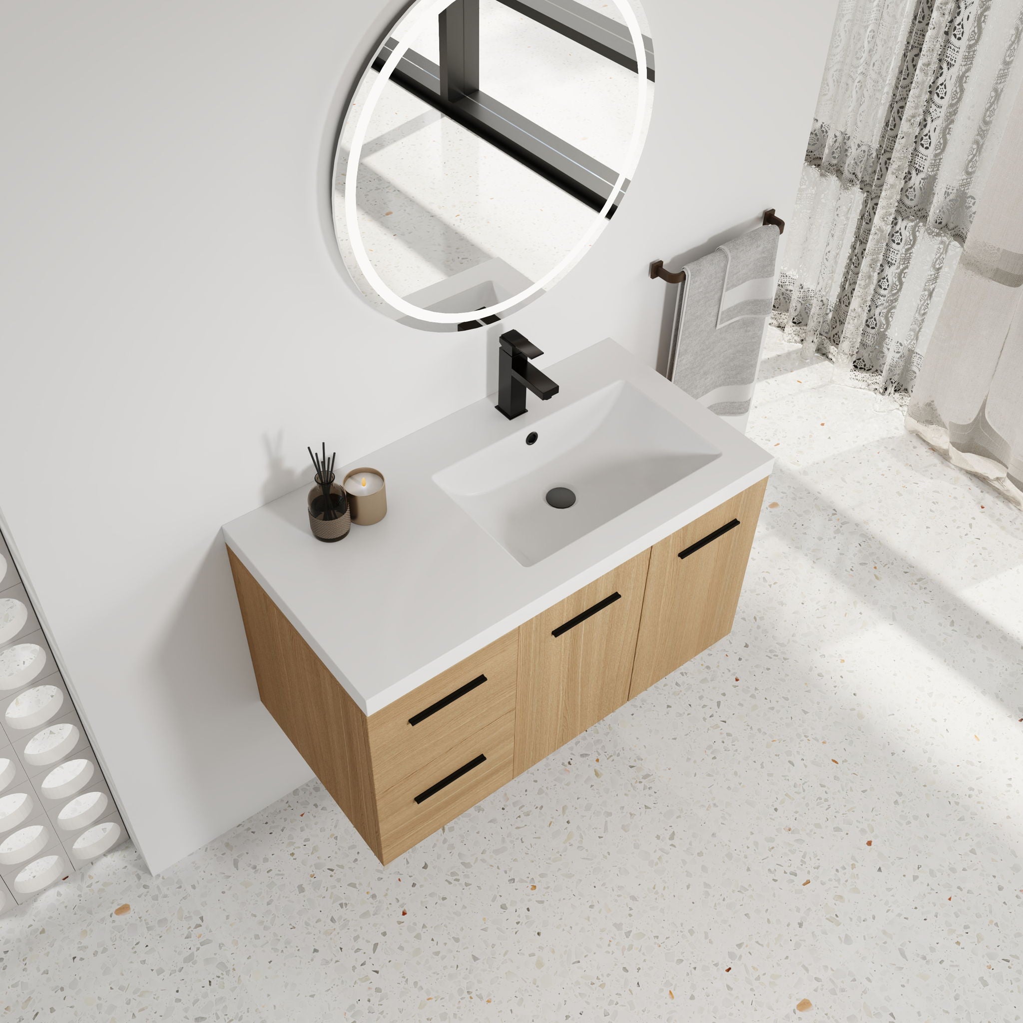 Wall Mounted Floating Bathroom Vanity With Sink, Door &amp; Drawers Modular Cabinet