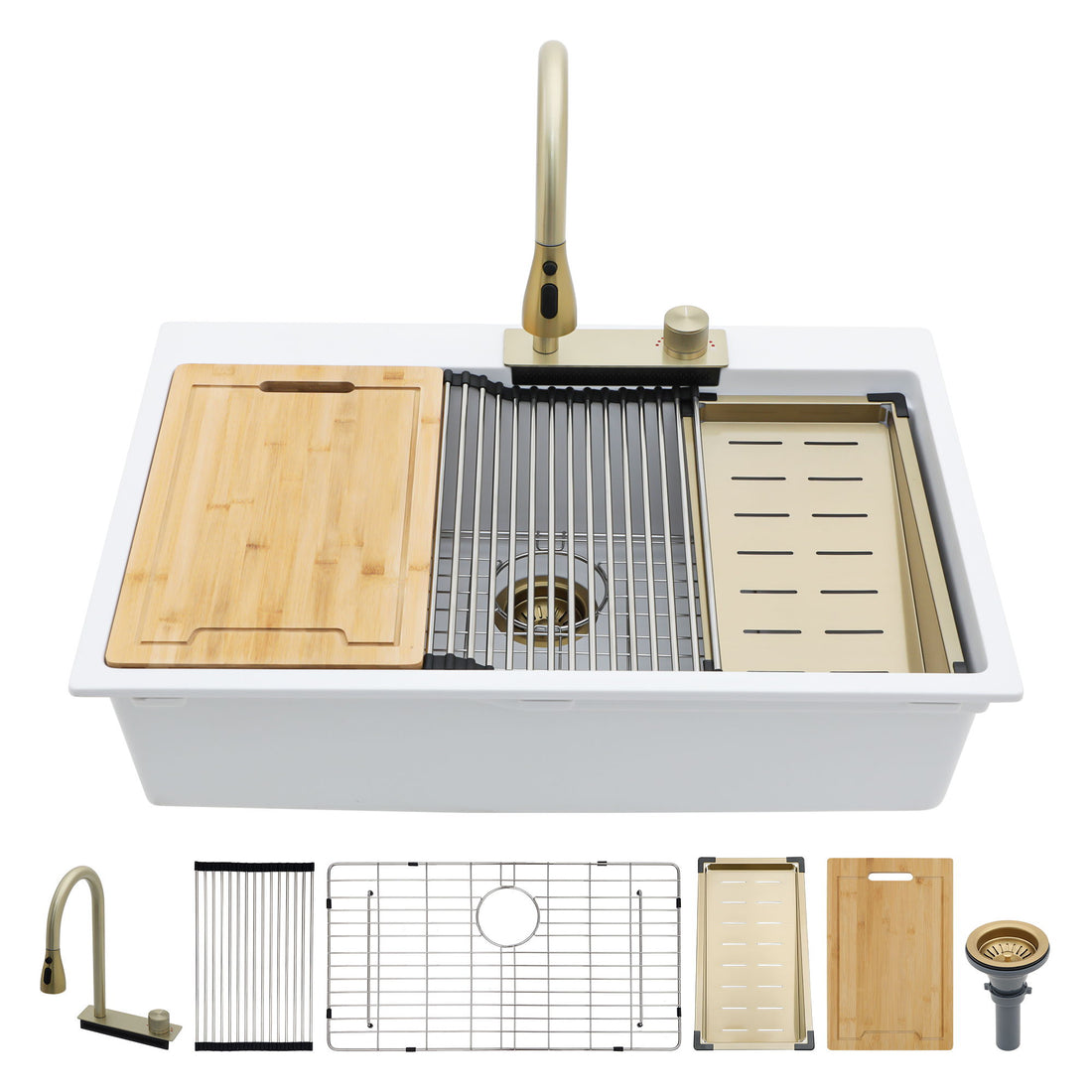 Waterfall Kitchen Sink With Pull Out Faucet &amp; Cup Washer