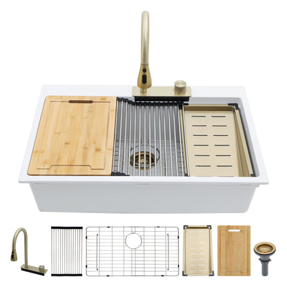 Waterfall Kitchen Sink With Pull Out Faucet &amp; Cup Washer