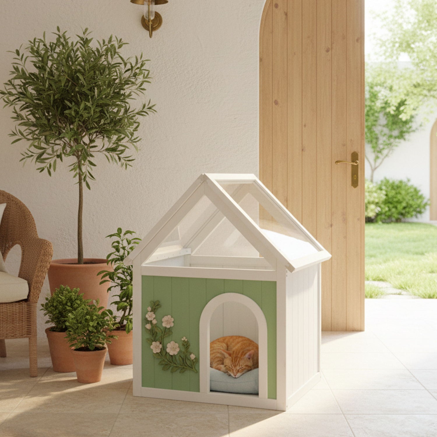 Indoor Cat House With Clear Roof Pet House For Small Cats &amp; Dogs - Mint / White