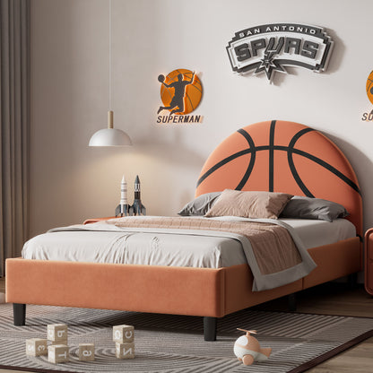 Basketball Design Upholstered Twin Platform Bed Sport Style Bed For Boys &amp; Girls, Teens - Orange