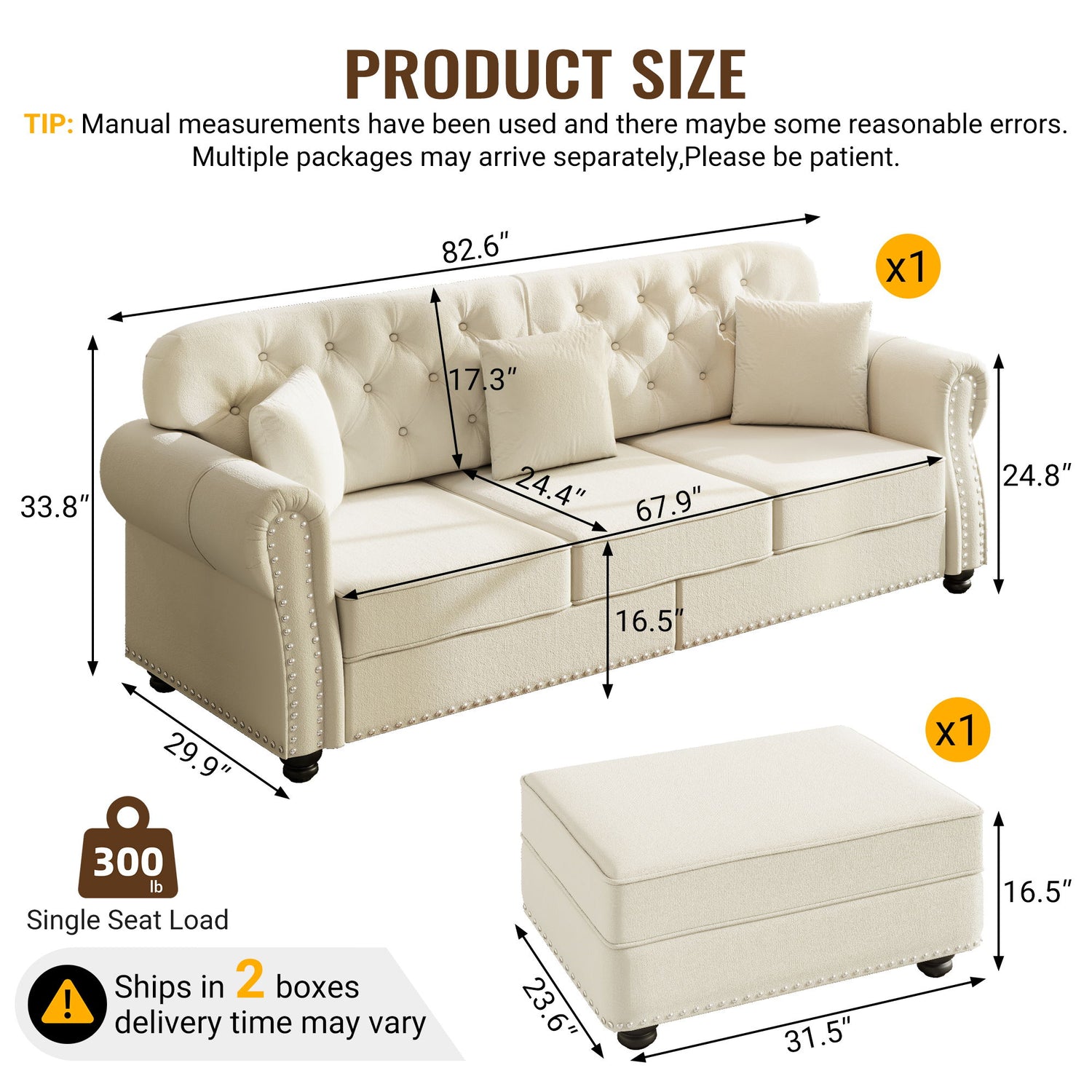 Upholstered 3 Seater Sofa Set With Ottoman