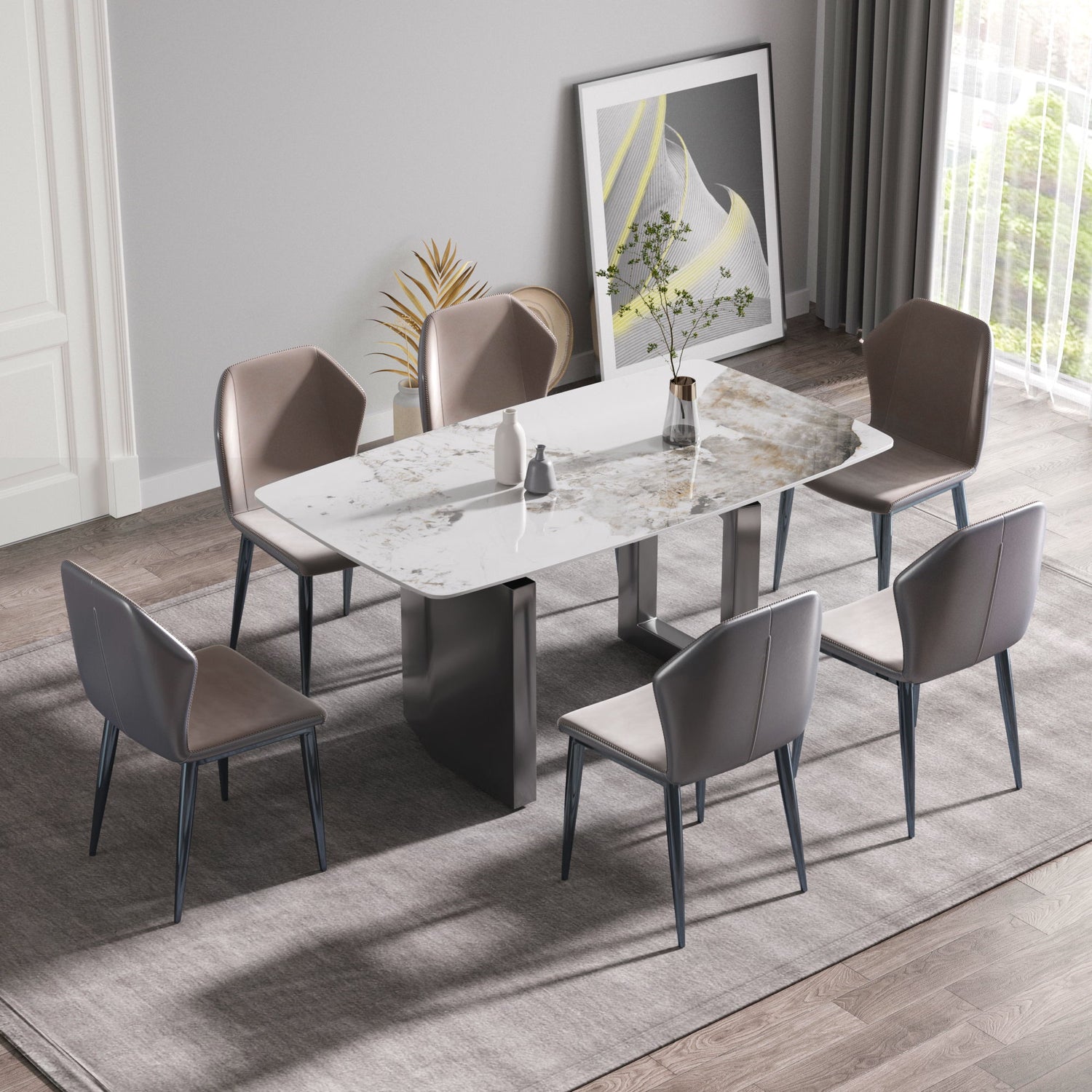 63&quot; Modern Artificial Stone Pandora White Curved Metal Leg Dining Table, 6 People - Antique White / Black