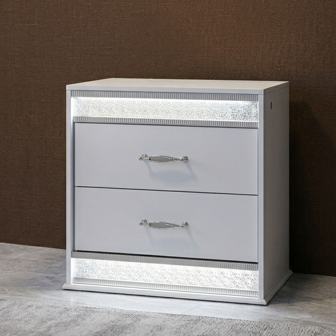 Glam - 2 Drawer Nightstand &amp; LED Lighting - White