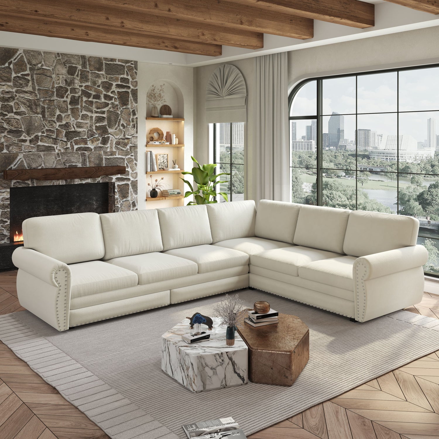 L-Shaped Sofa Couch With Pull Out Bed With Nailhead Trim &amp; Rolled Arm