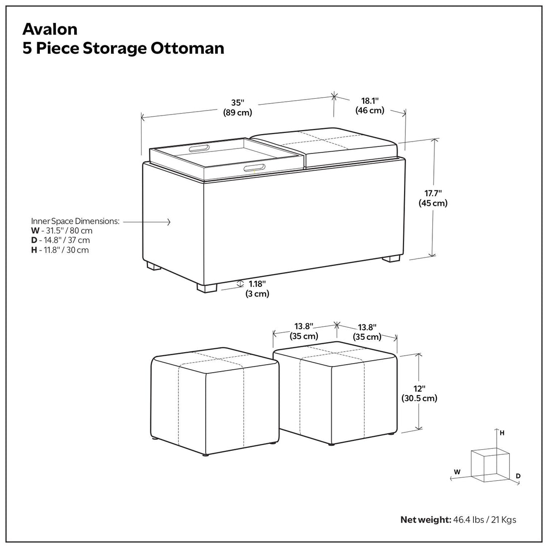 Avalon - 5 Piece Storage Ottoman - Distressed Black