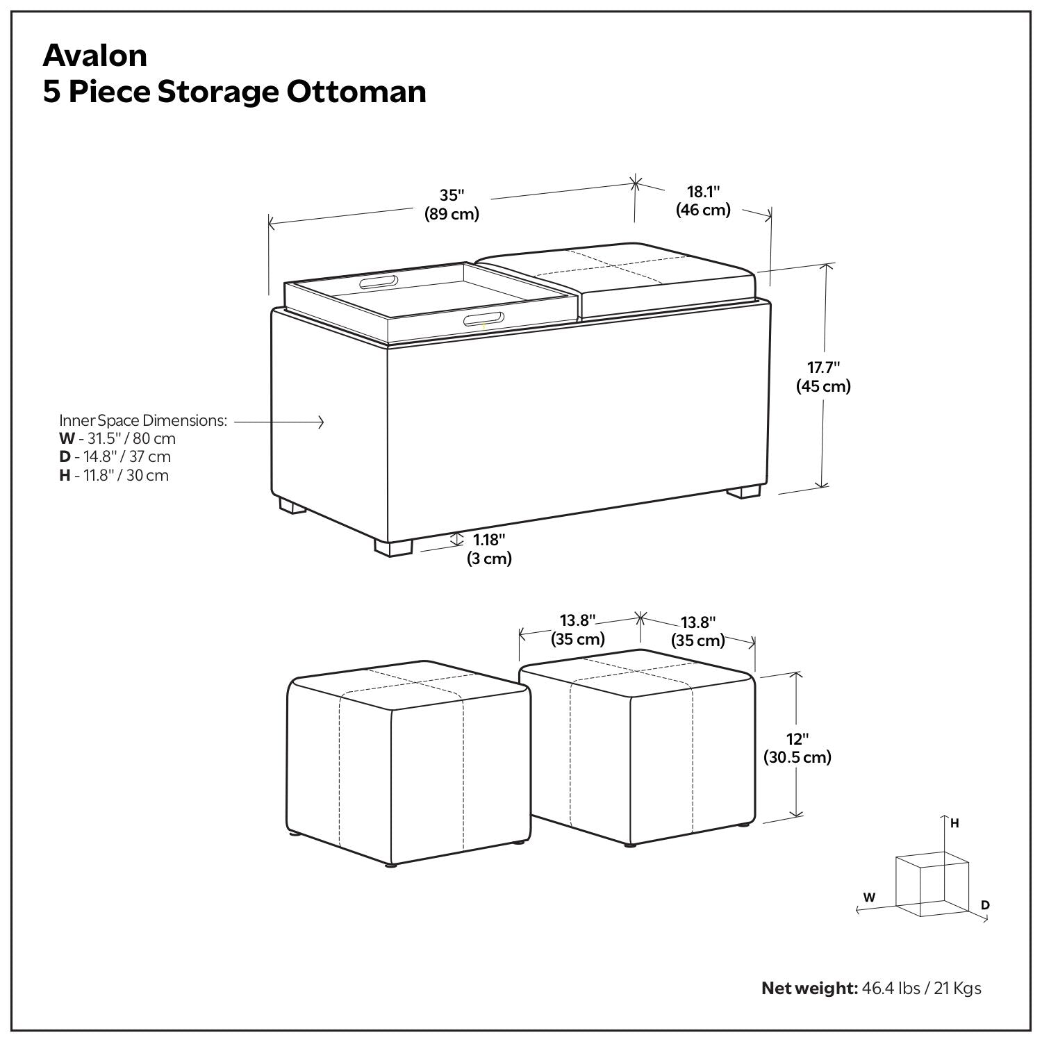 Avalon - 5 Piece Storage Ottoman - Distressed Black
