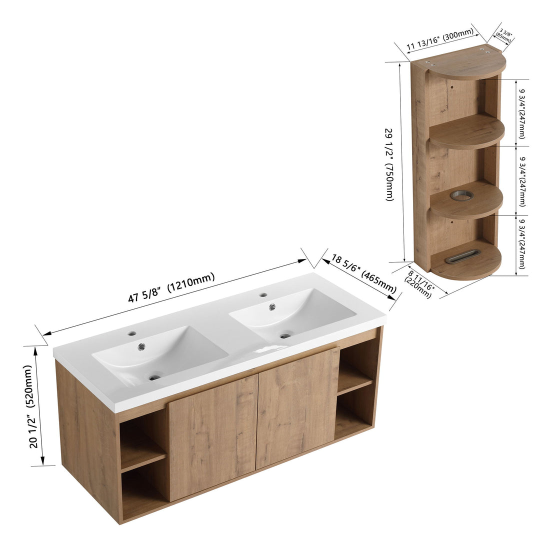 Modern 48&quot; Wall Mounted Bathroom Vanity With Double Resin Sink And Storage Rack Soft Close Doors - Imitative Oak