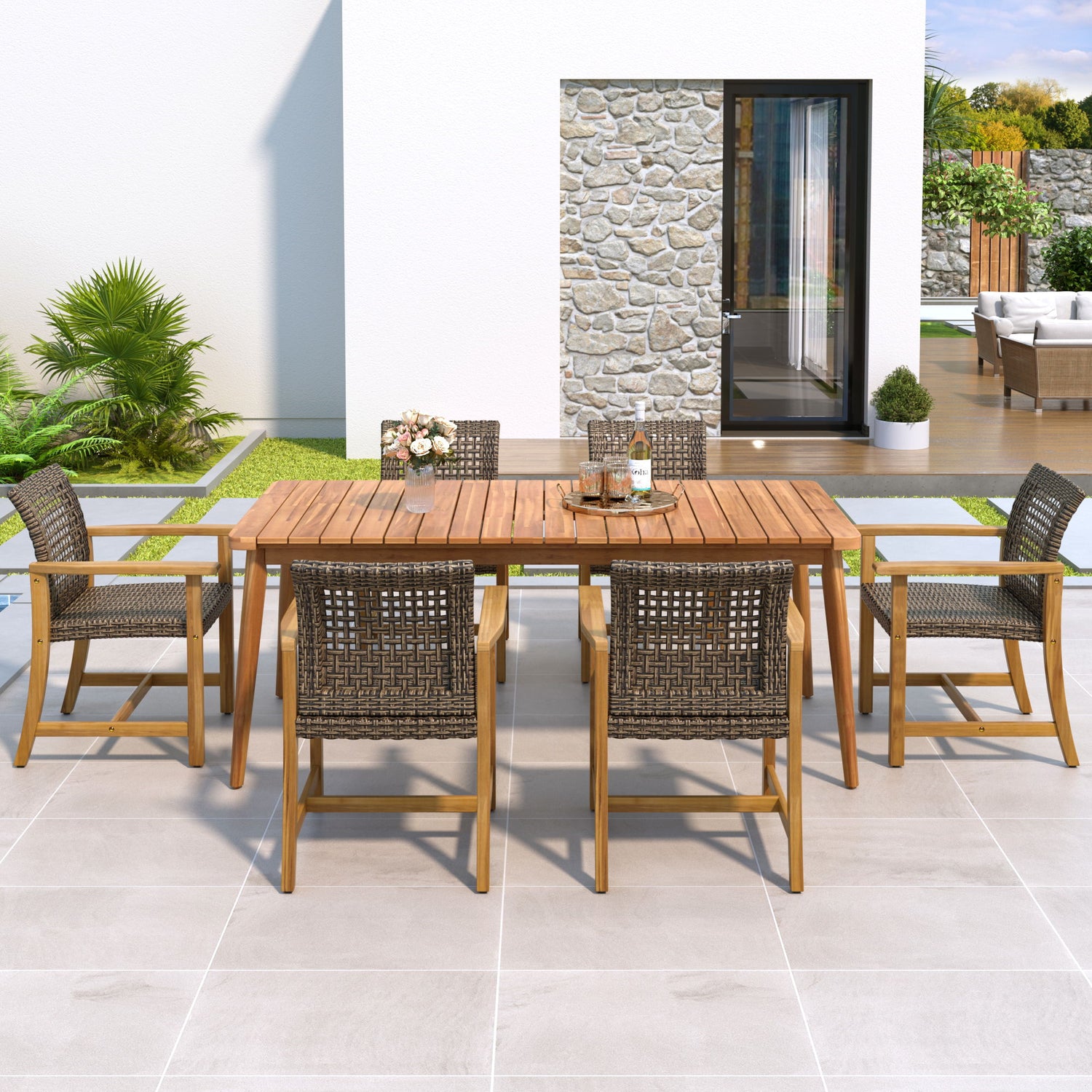 7 Piece Patio Dining Set, Slatted Table &amp; 6 Chairs For Patio Garden - Mocha / Teak