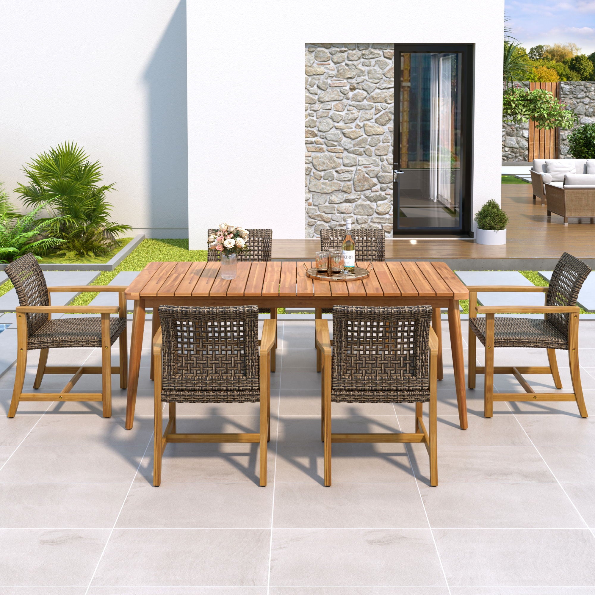 7 Piece Patio Dining Set, Slatted Table &amp; 6 Chairs For Patio Garden - Mocha / Teak