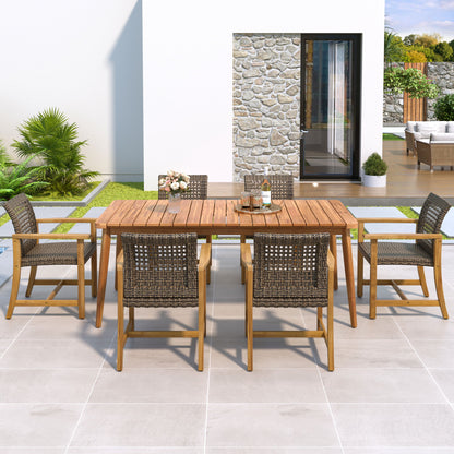 7 Piece Patio Dining Set, Slatted Table &amp; 6 Chairs For Patio Garden - Mocha / Teak