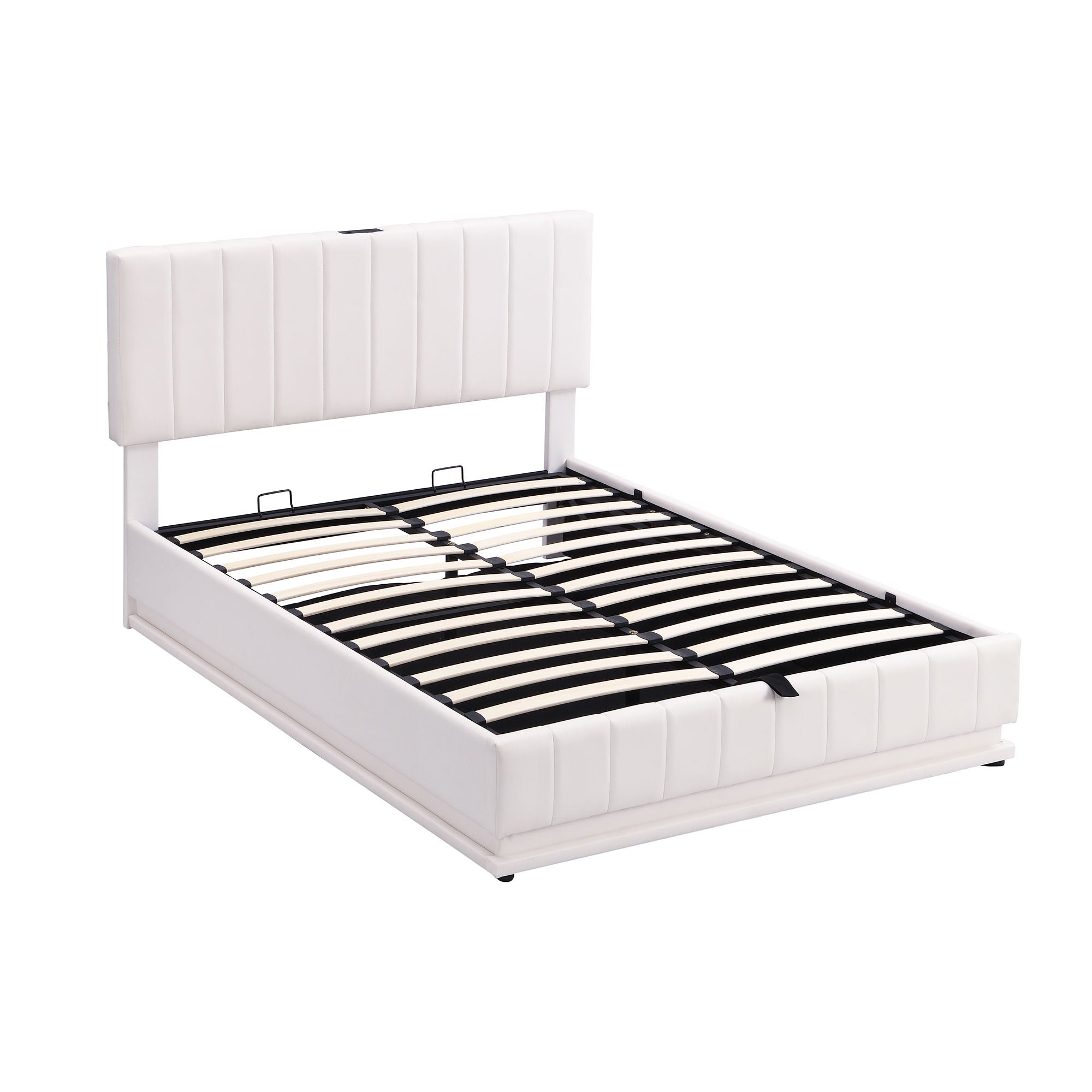 Upholstered Bed With Hydraulic Storage System And LED Light, With Sockets And USB Ports