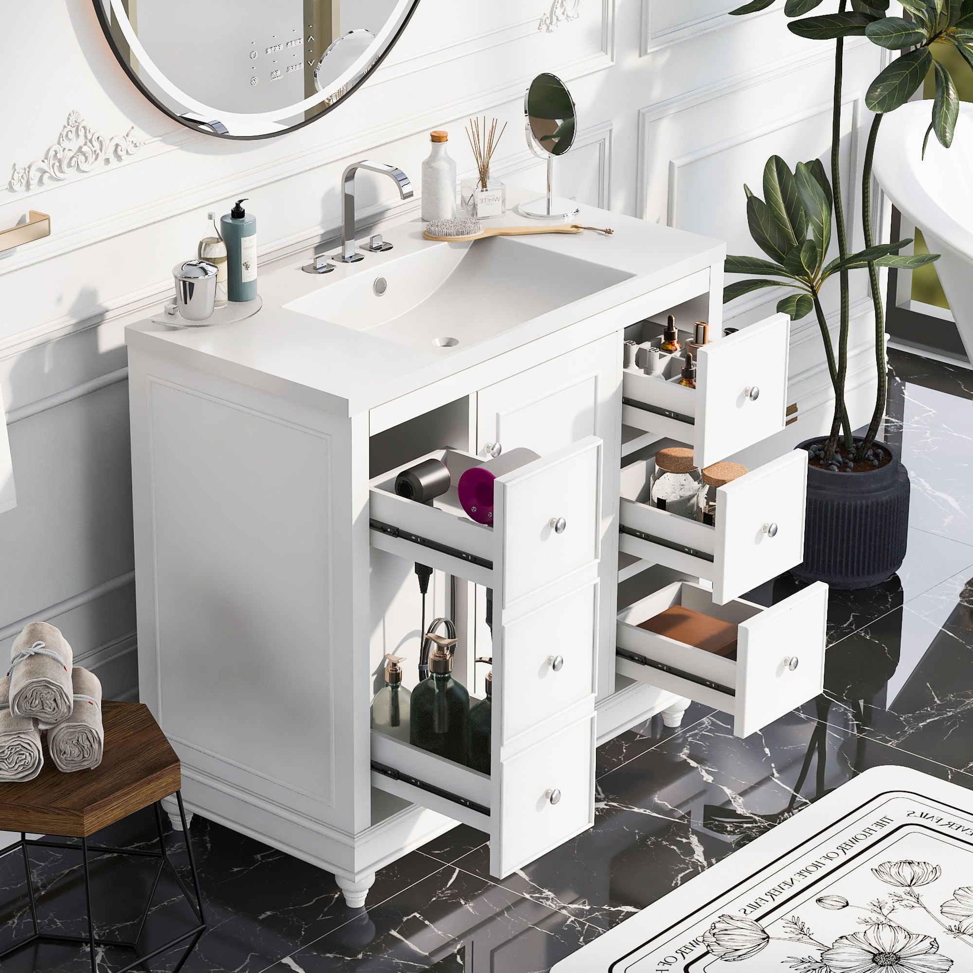Contemporary Bathroom Vanity Cabinet, 4 Drawers &amp; 1 Cabinet Door, Multipurpose Storage, Resin Integrated Sink, Adjustable Shelves, Solid Wood Frame With MDF