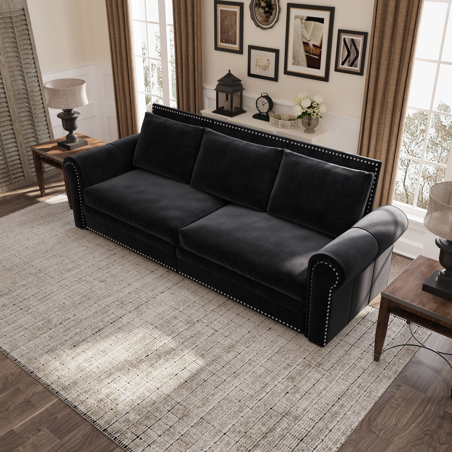 3 In 1 Convertible Sleeper Sofa With Nailhead Trim &amp; Rolled Arm