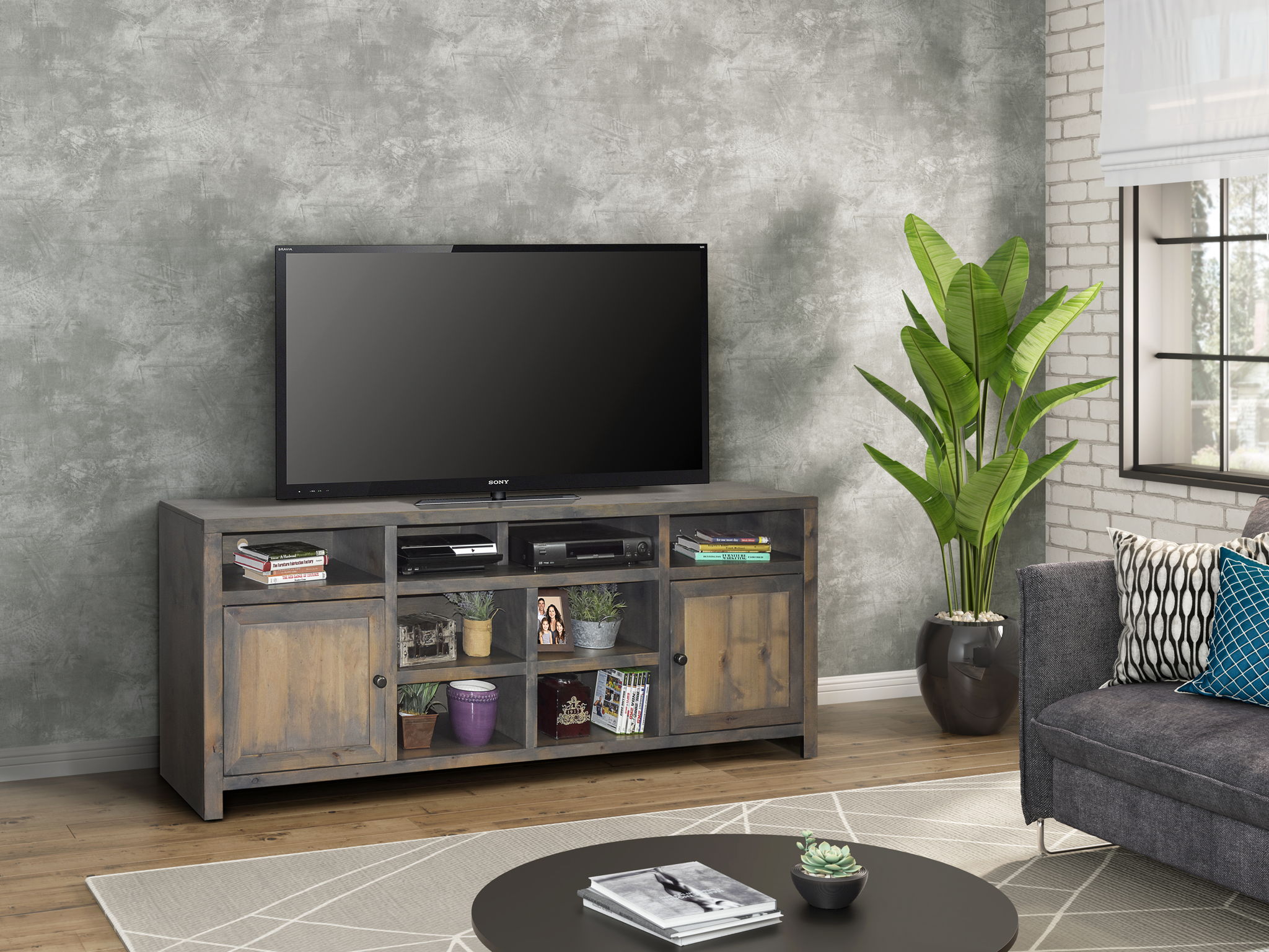 Joshua Creek - TV Stand Console For TVs Up To 95&quot; - Barnwood