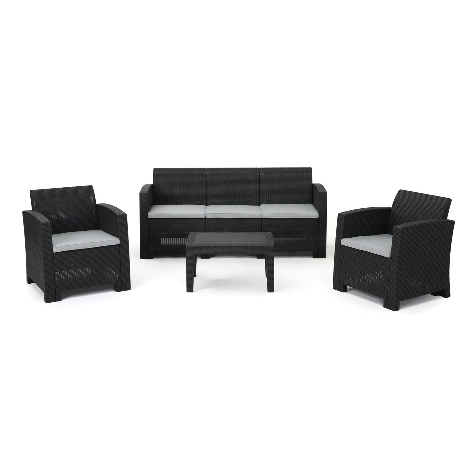 Velvora - Outdoor Wicker Set With 3 Seater Sofa, 2 Club Chairs, Coffee Table And Cushions - Brown