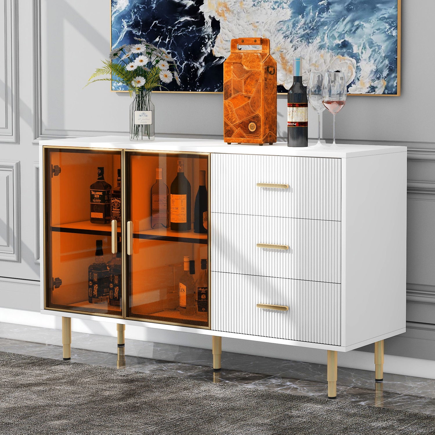 Modern Sideboard Buffet Cabinet Marble Sticker Tabletop And Amber-Yellow Tempered Glass Doors With Gold Metal Legs &amp; Handles