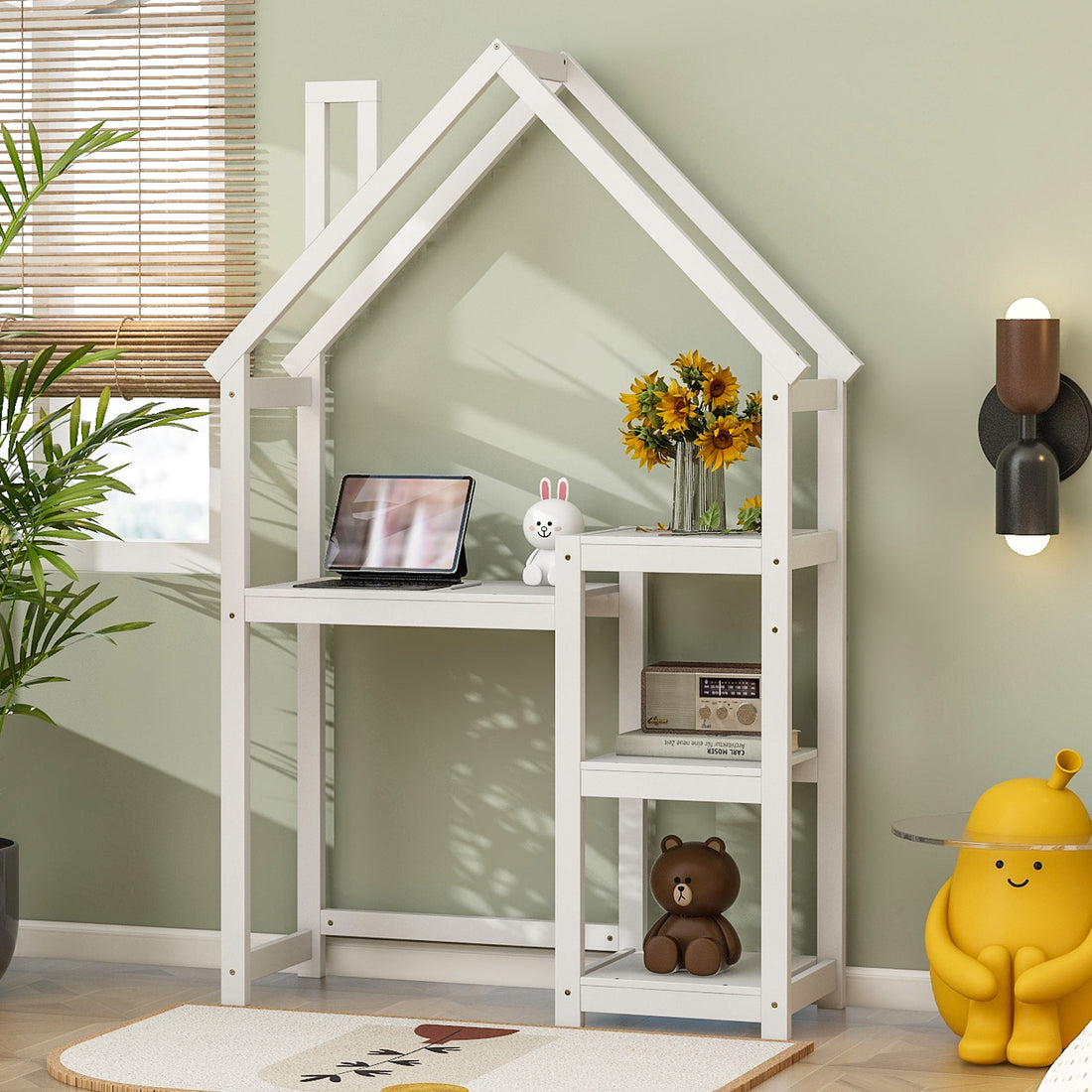 House-Shaped Wooden Writing Desk, Kids Study Table, Bookshelf &amp; Toy Storage