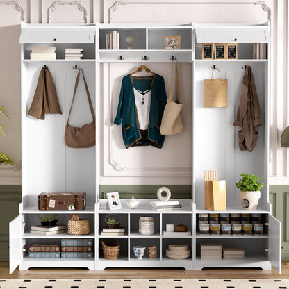 Wide Hall Tree With Shoe Storage, 4 In 1 Entryway Bench With 8 Cubbies, 7 Coat Hooks &amp; Adjustable Shelf For Hallway - White