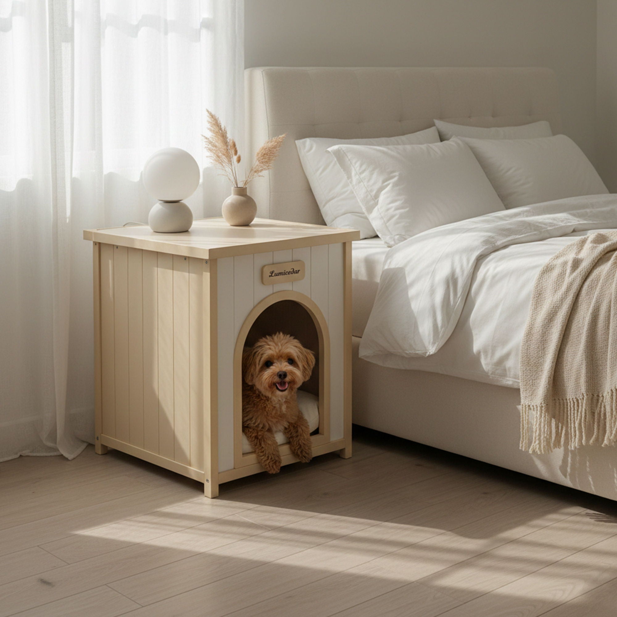 Indoor Dog House With Removable Cushion, Pet House For Cats &amp; Small Dogs - Cream White / Light Yellow