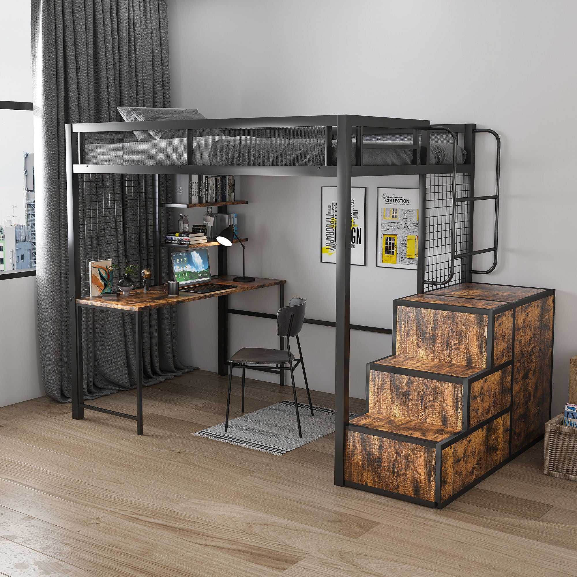 Heavy Duty Full Loft Bed With Desk &amp; USB Charging Metal Frame With Storage Drawers And Staircase - Black