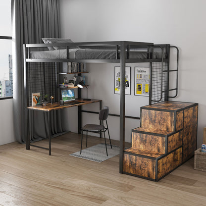 Heavy Duty Full Loft Bed With Desk &amp; USB Charging Metal Frame With Storage Drawers And Staircase - Black