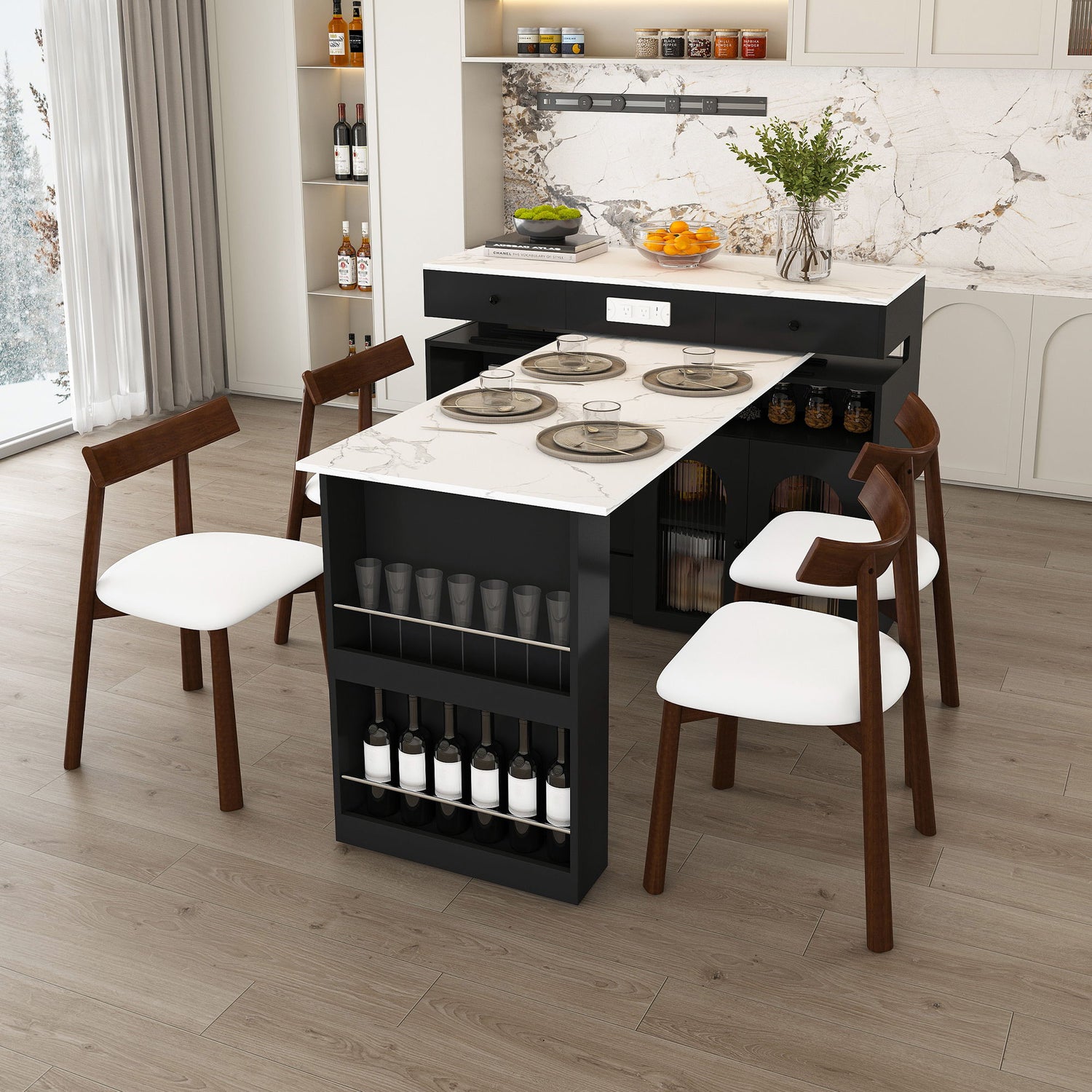 Retro Kitchen Island Set With Chairs, Extendable &amp; Rotating Table, 4 Drawers &amp; Door Cabinets
