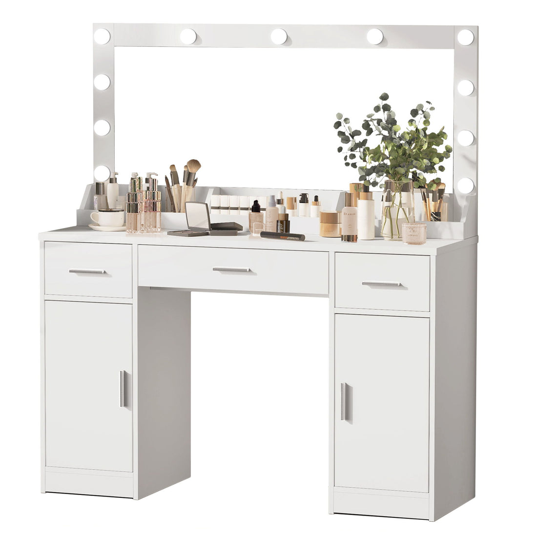 Vanity Desk With Large Mirror, 3 Colour Lighting Modes, Adjustable Brightness, Dresser With 3 Drawers &amp; 2 Vertical Cabinets, Makeup Vanity Table For Women &amp; Girls
