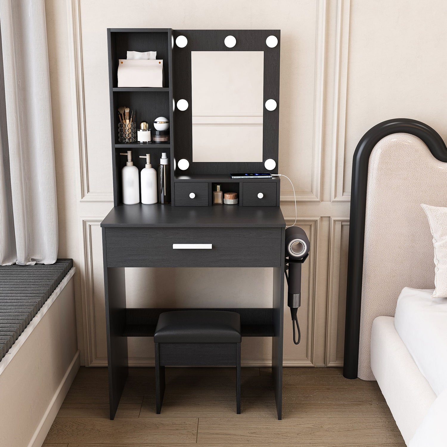 Vanity Table With Mirror, Adjustable LED Lights, Power Outlet, Hairdryer Holder &amp; Stool