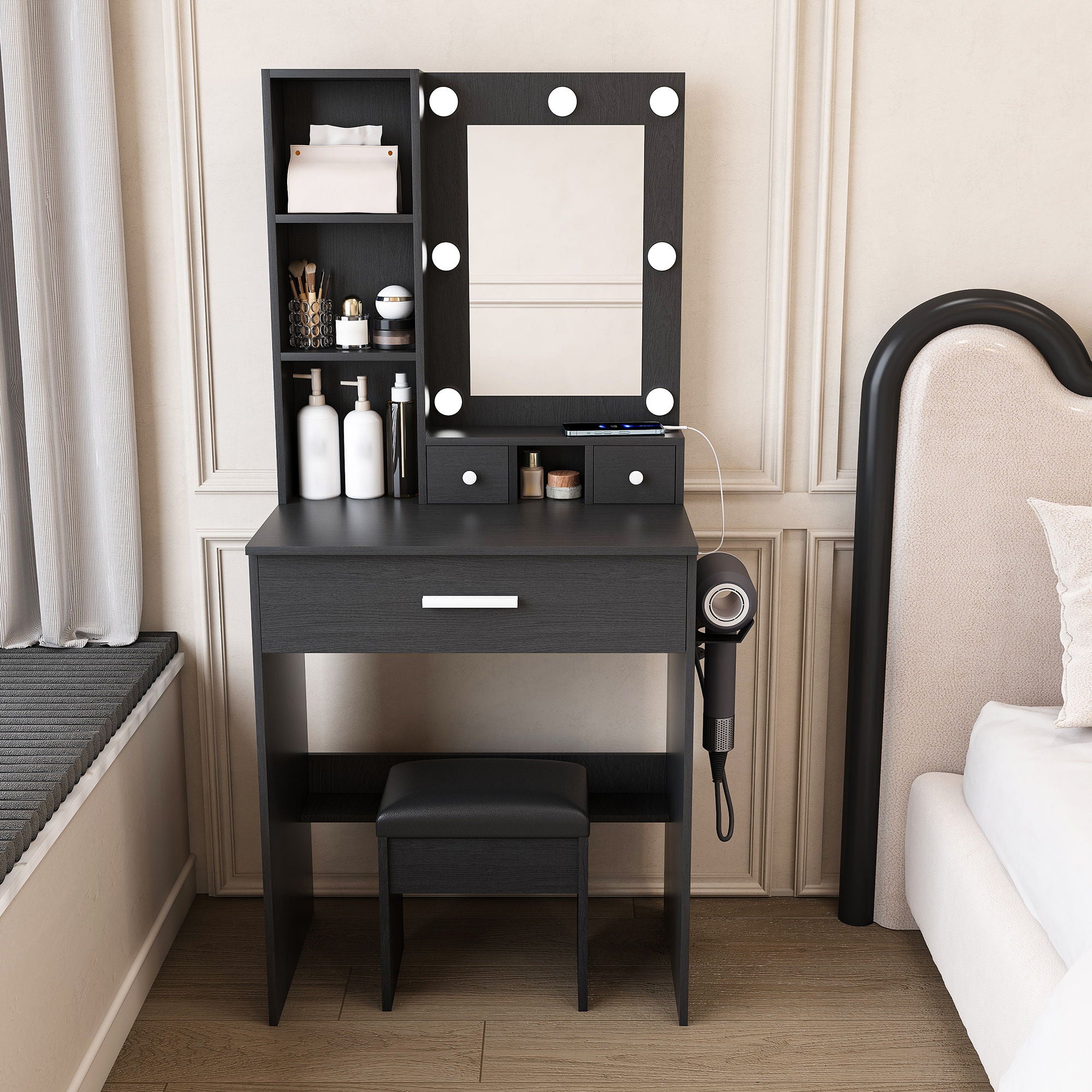 Vanity Table With Mirror, Adjustable LED Lights, Power Outlet, Hairdryer Holder &amp; Stool