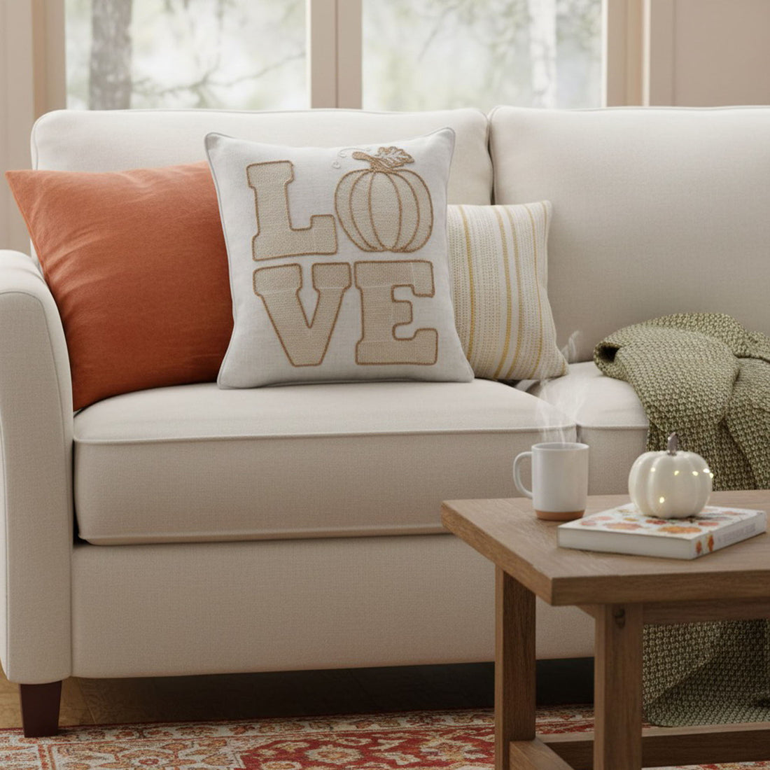 Love Pumpkin Embroidered Throw Pillow - Natural