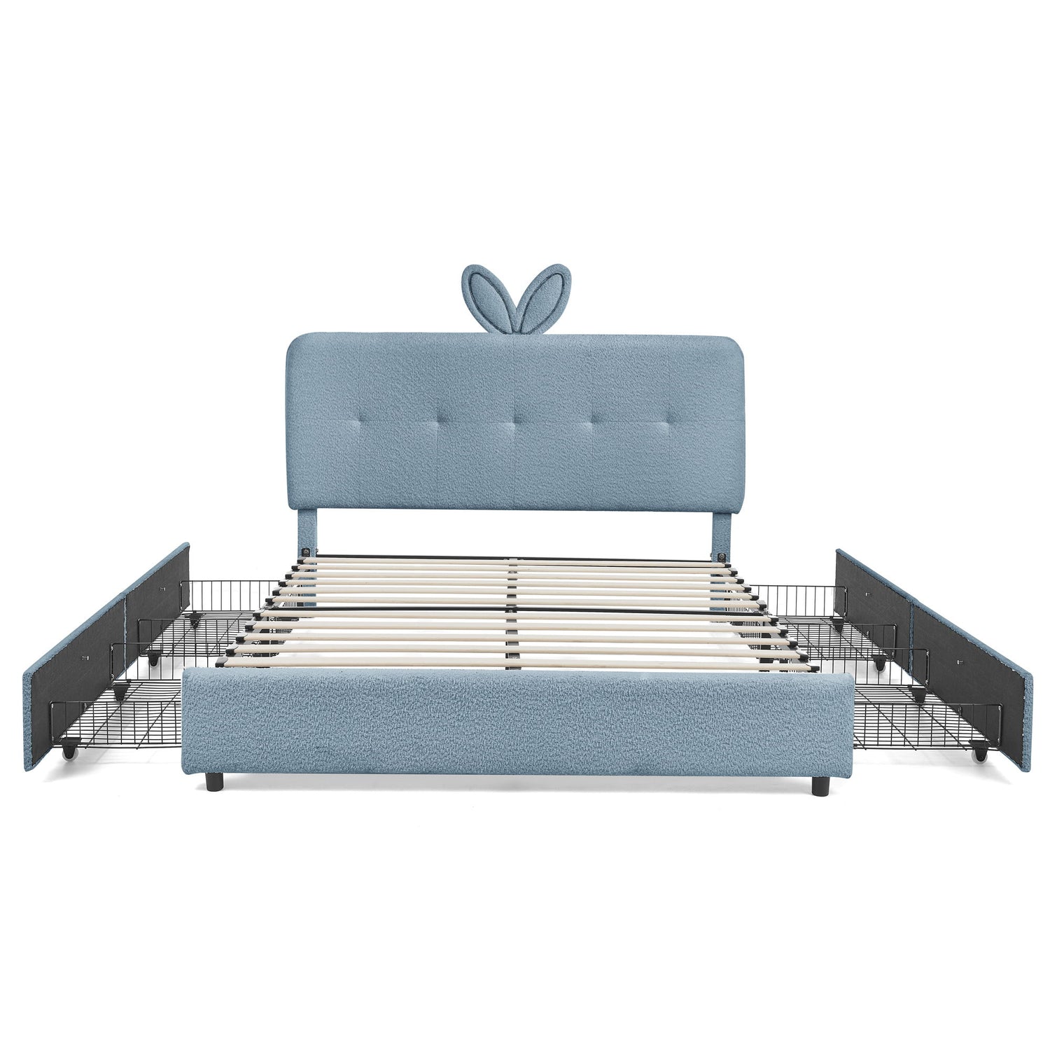 Upholstered Bed With Oversized Rabbit Ear Headboard, LED Lights &amp; 4 Storage Drawers